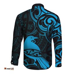 New Zealand Tui Bird Long Sleeve Button Shirt Aotearoa Maori Pattern Blue