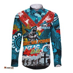 Personalised Sharks ANZAC Day Long Sleeve Button Shirt Aboriginal Rising Sun