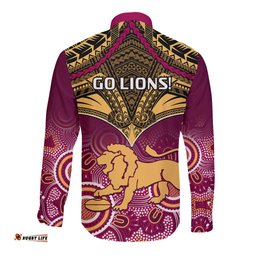 Brisbane Football Long Sleeve Button Shirt Go Lions Aboriginal Mix Polynesian Pattern