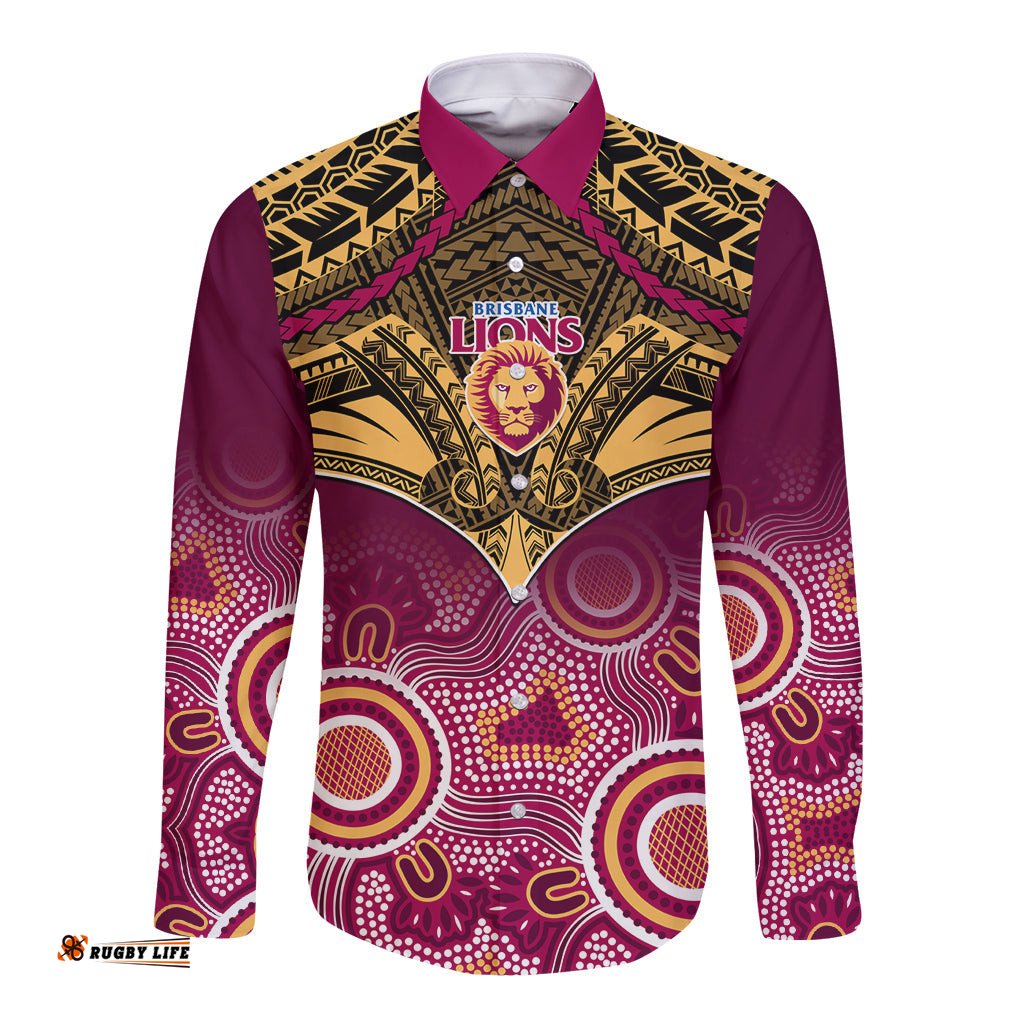 Brisbane Football Long Sleeve Button Shirt Go Lions Aboriginal Mix Polynesian Pattern