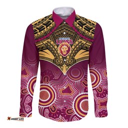 Brisbane Football Long Sleeve Button Shirt Go Lions Aboriginal Mix Polynesian Pattern
