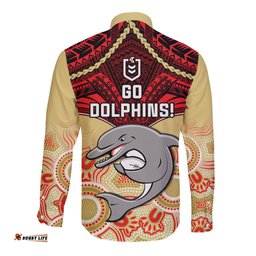 Dolphins Rugby Long Sleeve Button Shirt Aboriginal Mix Polynesian Pattern