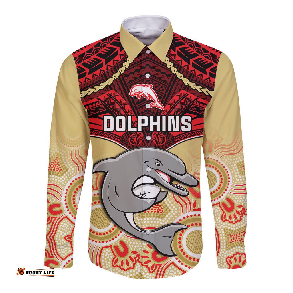 Dolphins Rugby Long Sleeve Button Shirt Aboriginal Mix Polynesian Pattern