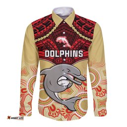 Dolphins Rugby Long Sleeve Button Shirt Aboriginal Mix Polynesian Pattern