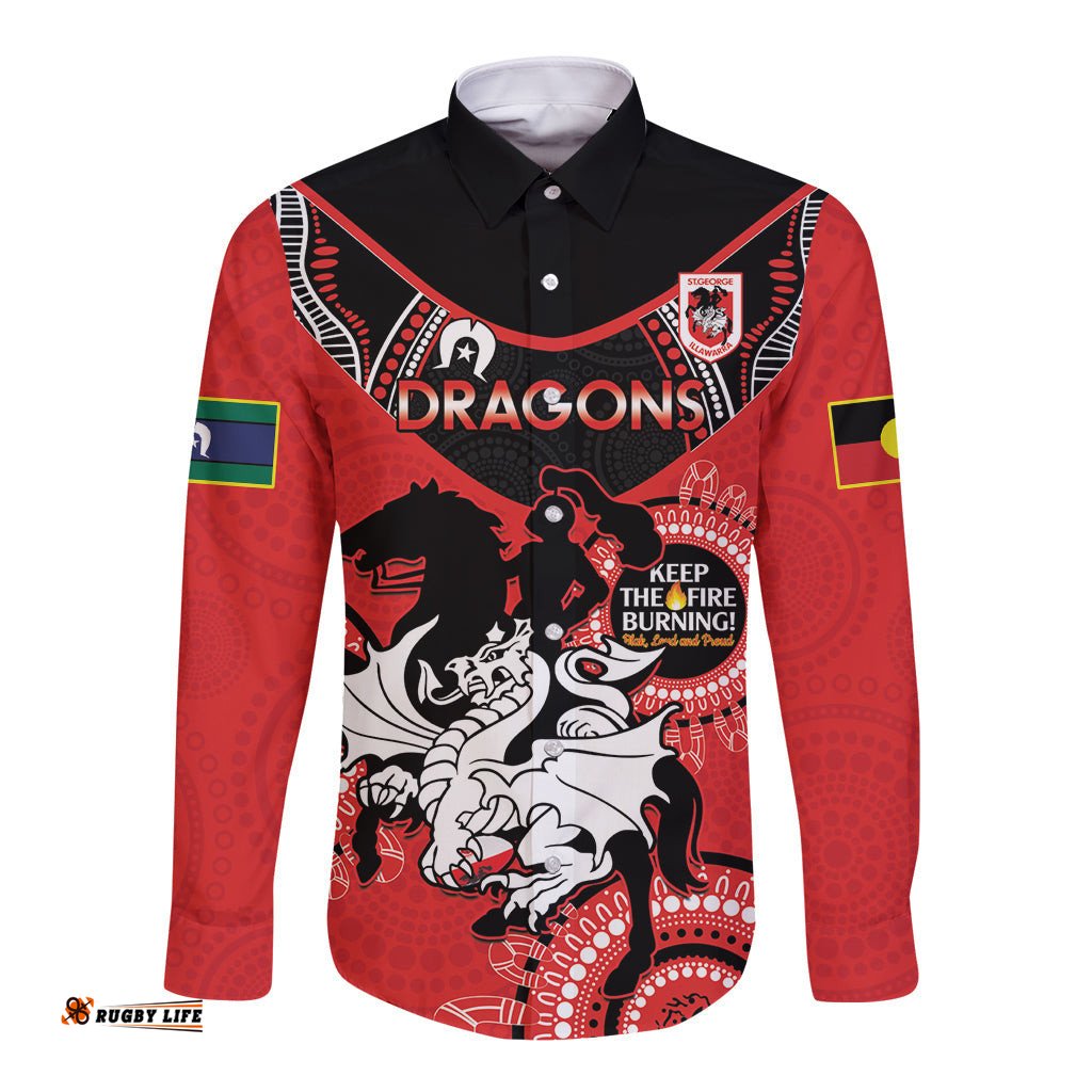 Custom NRL Dragons NAIDOC Week Long Sleeve Button Shirt Keep The Fire Burning Indigenous Art