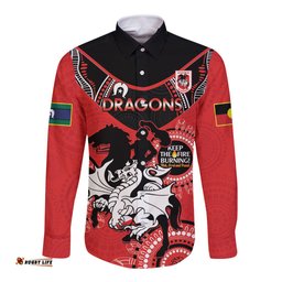 Custom NRL Dragons NAIDOC Week Long Sleeve Button Shirt Keep The Fire Burning Indigenous Art