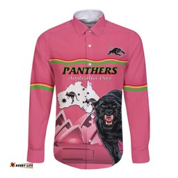Custom Australia Day Panthers Long Sleeve Button Shirt NRL 2024 Sydney Opera House With Map Pink