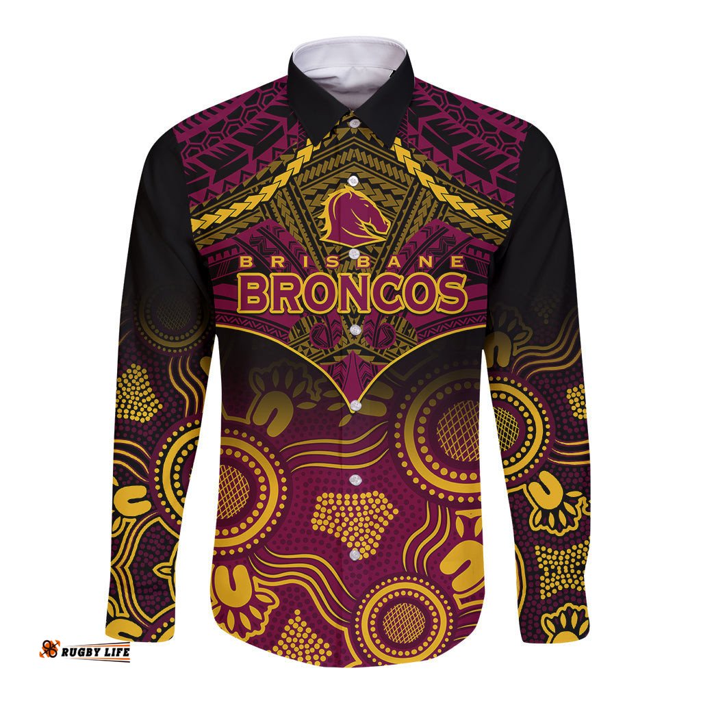 Personalised Brisbane Rugby Long Sleeve Button Shirt Brisbane 1987 Aboriginal Mix Polynesian Pattern