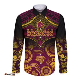 Personalised Brisbane Rugby Long Sleeve Button Shirt Brisbane 1987 Aboriginal Mix Polynesian Pattern