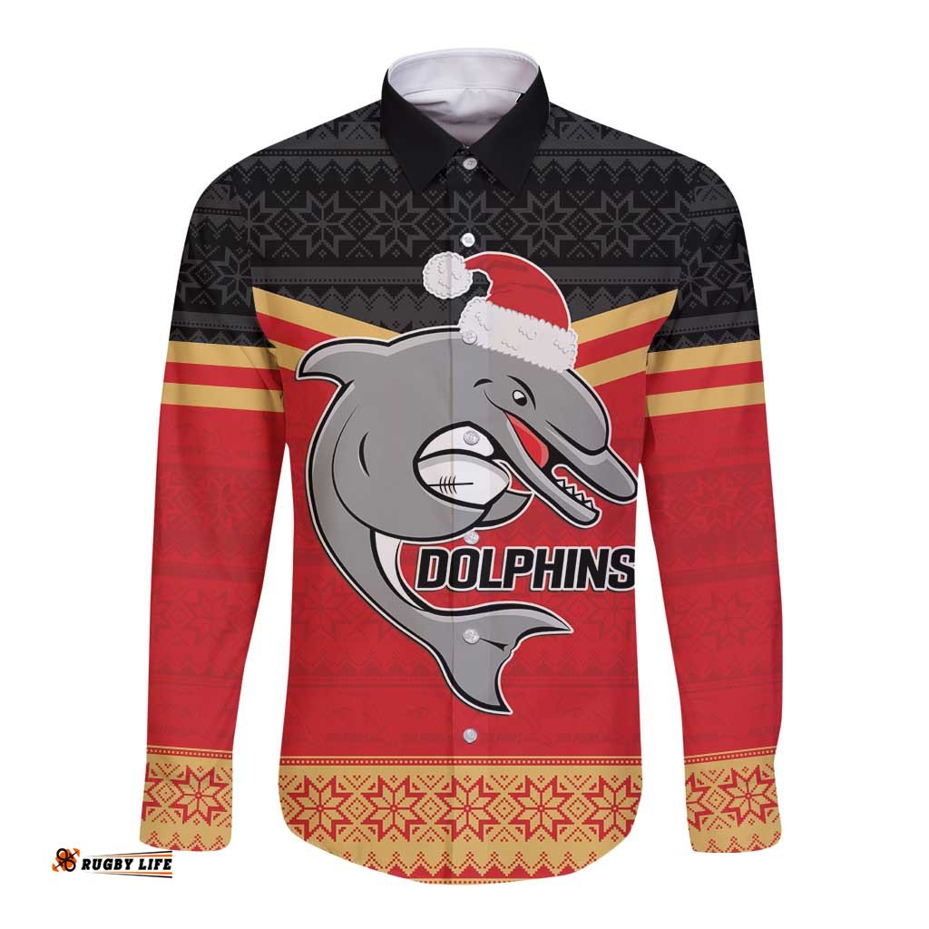 NRL Dolphins Mascot Christmas Personalised Long Sleeve Button Shirt Black Style