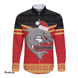 NRL Dolphins Mascot Christmas Personalised Long Sleeve Button Shirt Black Style