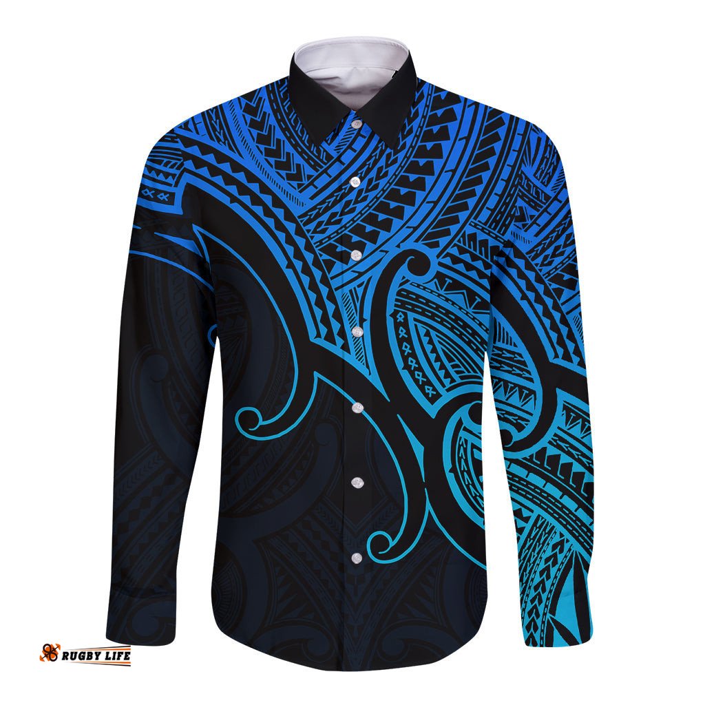 Custom Aotearoa Maori Koru Long Sleeve Button Shirt Polynesian Pacific Tribal Blue