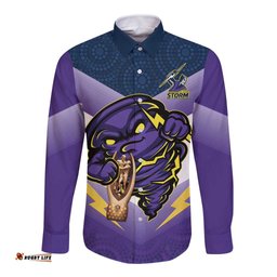 Personalised Storm Rugby 2024 Long Sleeve Button Shirt Mascot With Trophy Go Champions Aboriginal Art
