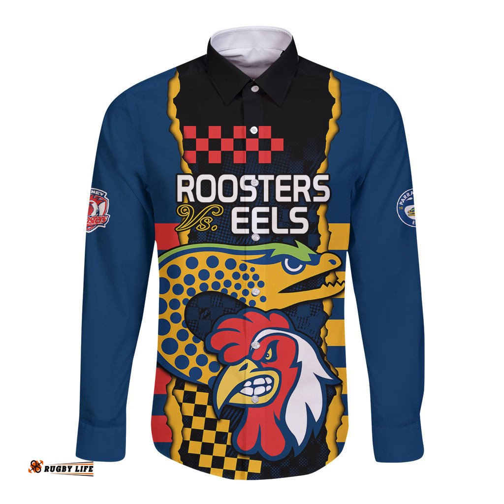 NRL Eels Combine Roosters Rugby Long Sleeve Button Shirt Sporty Style