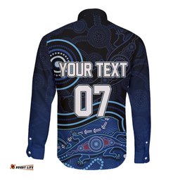 Personalised NSW Blues Rugby Indigenous Long Sleeve Button Shirt Lizard Aboriginal Dot Art