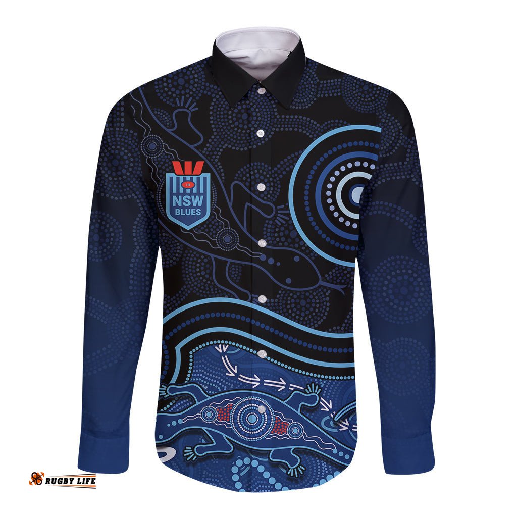 Personalised NSW Blues Rugby Indigenous Long Sleeve Button Shirt Lizard Aboriginal Dot Art