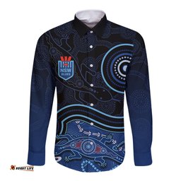 Personalised NSW Blues Rugby Indigenous Long Sleeve Button Shirt Lizard Aboriginal Dot Art