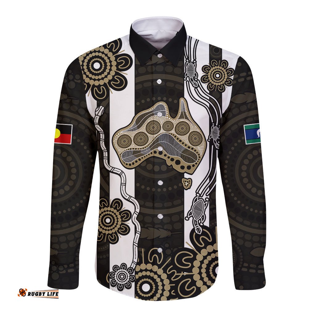 NAIDOC Collingwood Football Long Sleeve Button Shirt Proud To Be Magpies Aboriginal Version