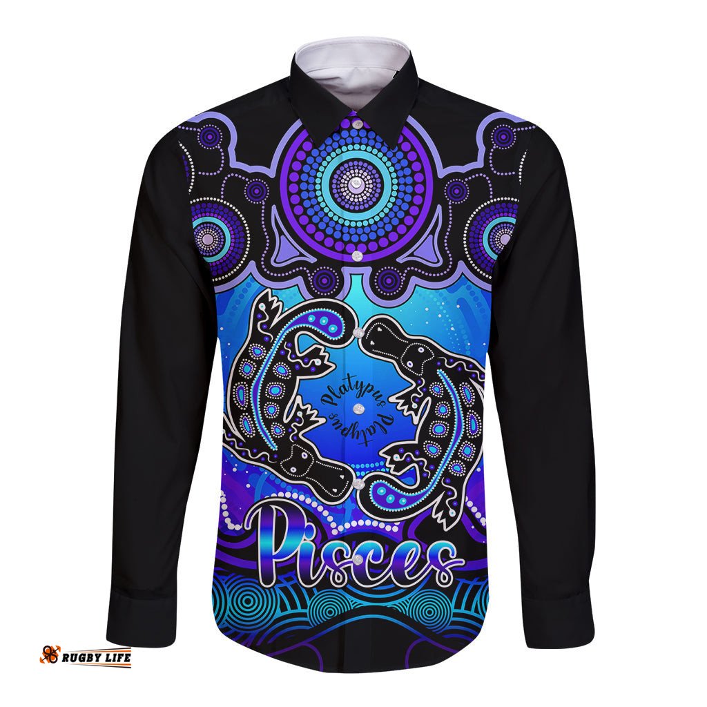 Personalised Australia Pisces Platypus Zodiac Long Sleeve Button Shirt Auz Astrology Aboriginal Blue