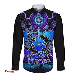 Personalised Australia Pisces Platypus Zodiac Long Sleeve Button Shirt Auz Astrology Aboriginal Blue