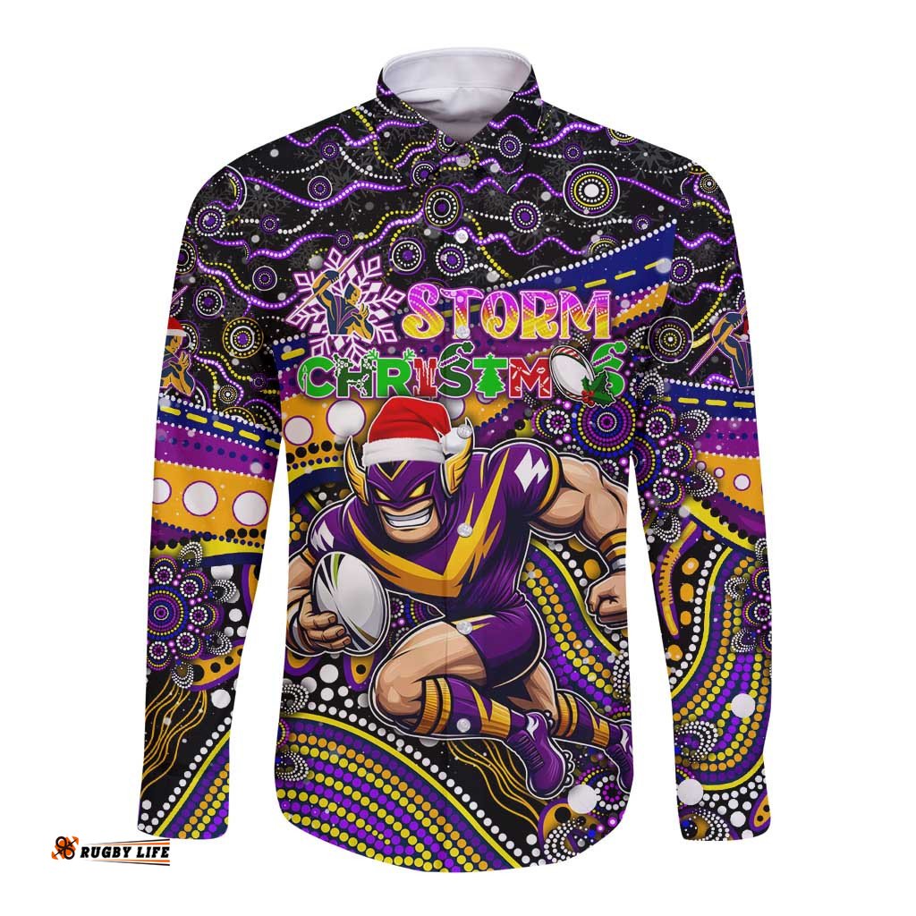 Merry Christmas Storm Long Sleeve Button Shirt Aboriginal Santa Rugby Mascot - Melbourne