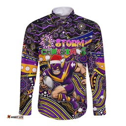 Merry Christmas Storm Long Sleeve Button Shirt Aboriginal Santa Rugby Mascot - Melbourne