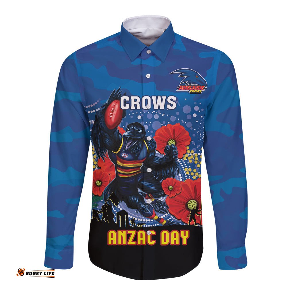 Custom Crows Football ANZAC Long Sleeve Button Shirt Gallipoli Camouflage With Poppies