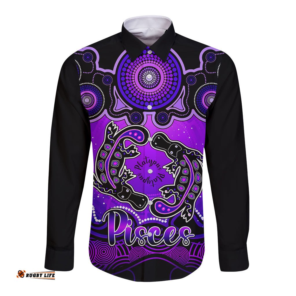 Personalised Australia Pisces Platypus Zodiac Long Sleeve Button Shirt Auz Astrology Aboriginal Purple