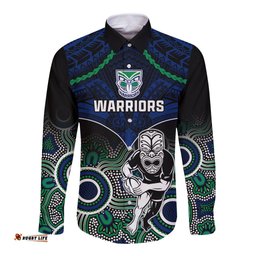 Warriors Rugby Long Sleeve Button Shirt NZ Aboriginal Mix Polynesian Pattern