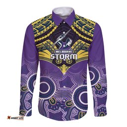 Storm Rugby Long Sleeve Button Shirt Go Melbourne Aboriginal Mix Polynesian Pattern
