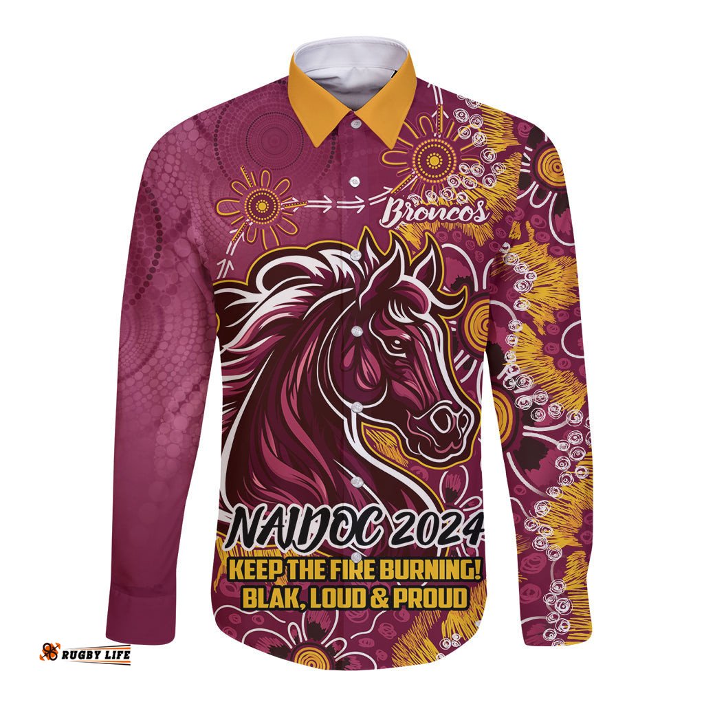 Personalised Broncos NAIDOC Week 2024 Long Sleeve Button Shirt Aboriginal Fire Burning Sparks