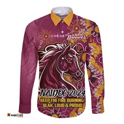 Personalised Broncos NAIDOC Week 2024 Long Sleeve Button Shirt Aboriginal Fire Burning Sparks