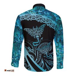 New Zealand Stingray Long Sleeve Button Shirt Aotearoa Whai With Maori Paua Shell