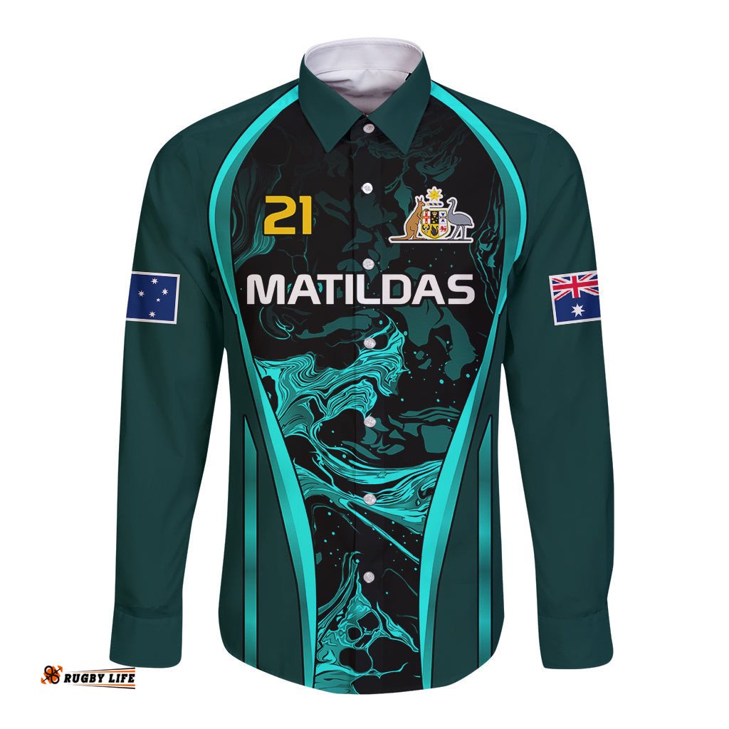 Custom Matildas Australia Soccer Long Sleeve Button Shirt Liquid Marble Texture Vibe