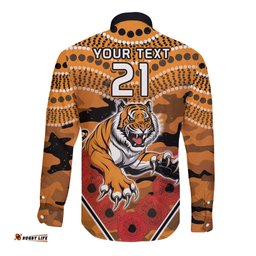 Custom Wests Tigers Rugby ANZAC Long Sleeve Button Shirt Aboriginal and Army Patterns