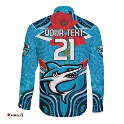 Custom Sharks Rugby ANZAC Long Sleeve Button Shirt Gallipoli Soldier With Aboriginal Art
