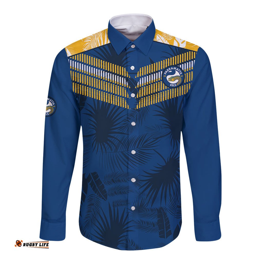 Parramatta Eels Rugby Long Sleeve Button Shirt Simple Hawaiian Palms Leaf