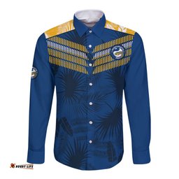 Parramatta Eels Rugby Long Sleeve Button Shirt Simple Hawaiian Palms Leaf
