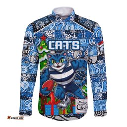 Custom Cats Football Merry Christmas Long Sleeve Button Shirt Indigenous Australian Art