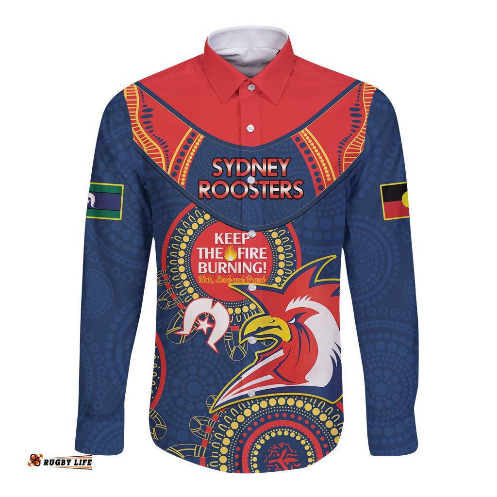 Custom NRL Roosters NAIDOC Week Long Sleeve Button Shirt Keep The Fire Burning Indigenous Art