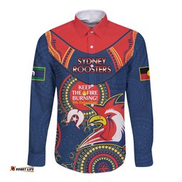 Custom NRL Roosters NAIDOC Week Long Sleeve Button Shirt Keep The Fire Burning Indigenous Art