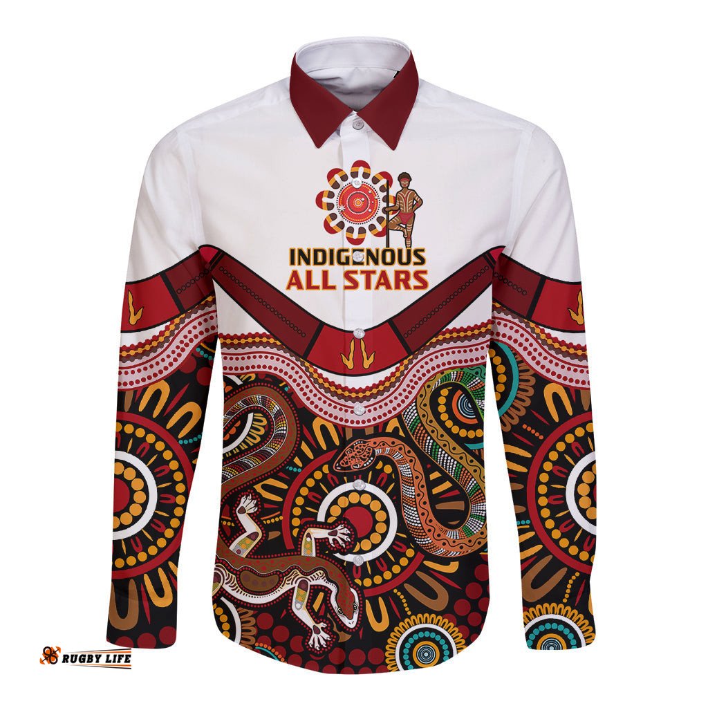 Custom Text And Number Australia Indigenous Rugby Long Sleeve Button Shirt All Stars Aussie Snake And Lizard