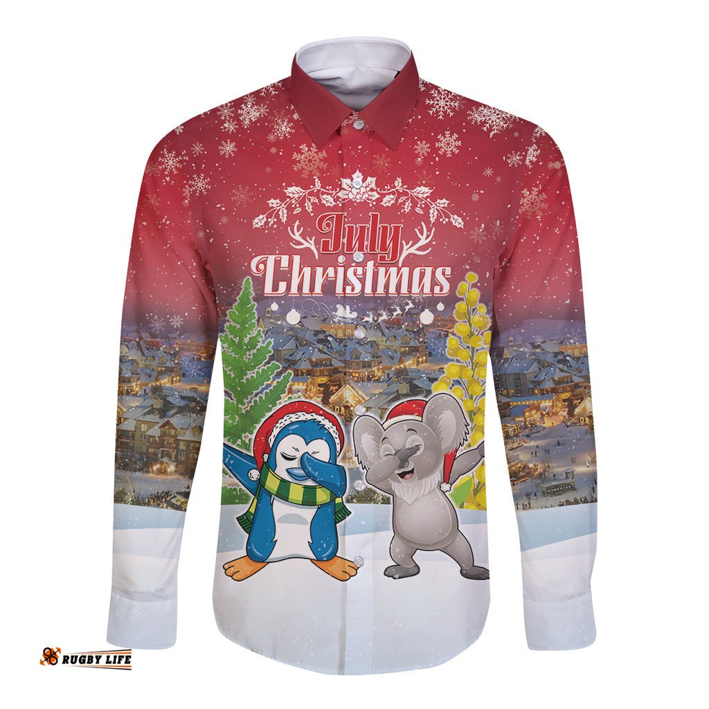 Personalised Christmas In July Long Sleeve Button Shirt Funny Dabbing Dance Koala And Blue Penguins