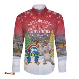 Personalised Christmas In July Long Sleeve Button Shirt Funny Dabbing Dance Koala And Blue Penguins
