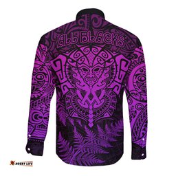 New Zealand Rugby Long Sleeve Button Shirt Silver Fern All Black Mix Ta Moko Purple Style