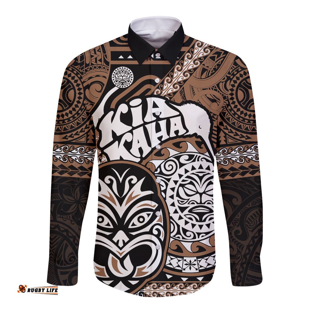 Personalised Te Reo Maori New Zealand Long Sleeve Button Shirt Aotearoa Kia Haka Maori Tribal Tattoo Gold Style