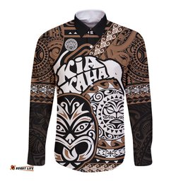 Personalised Te Reo Maori New Zealand Long Sleeve Button Shirt Aotearoa Kia Haka Maori Tribal Tattoo Gold Style