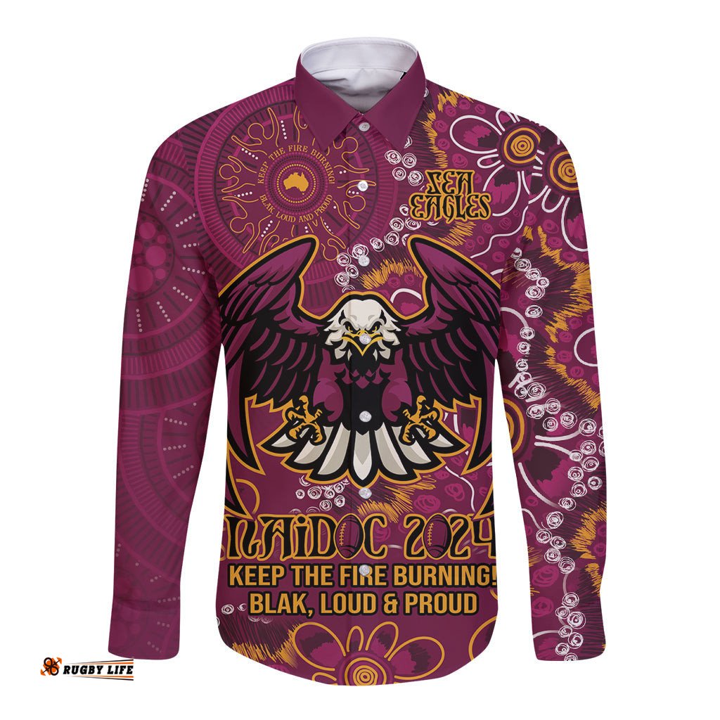 Personalised Sea Eagles NAIDOC Week 2024 Long Sleeve Button Shirt Aboriginal Fire Burning Sparks