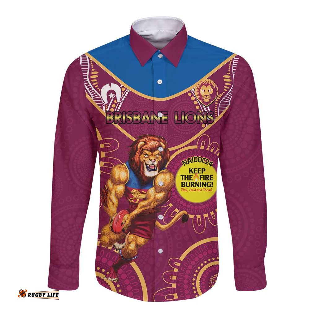 Custom AFL Brisbane Lions NAIDOC Week Long Sleeve Button Shirt Keep The Fire Burning Indigenous Art