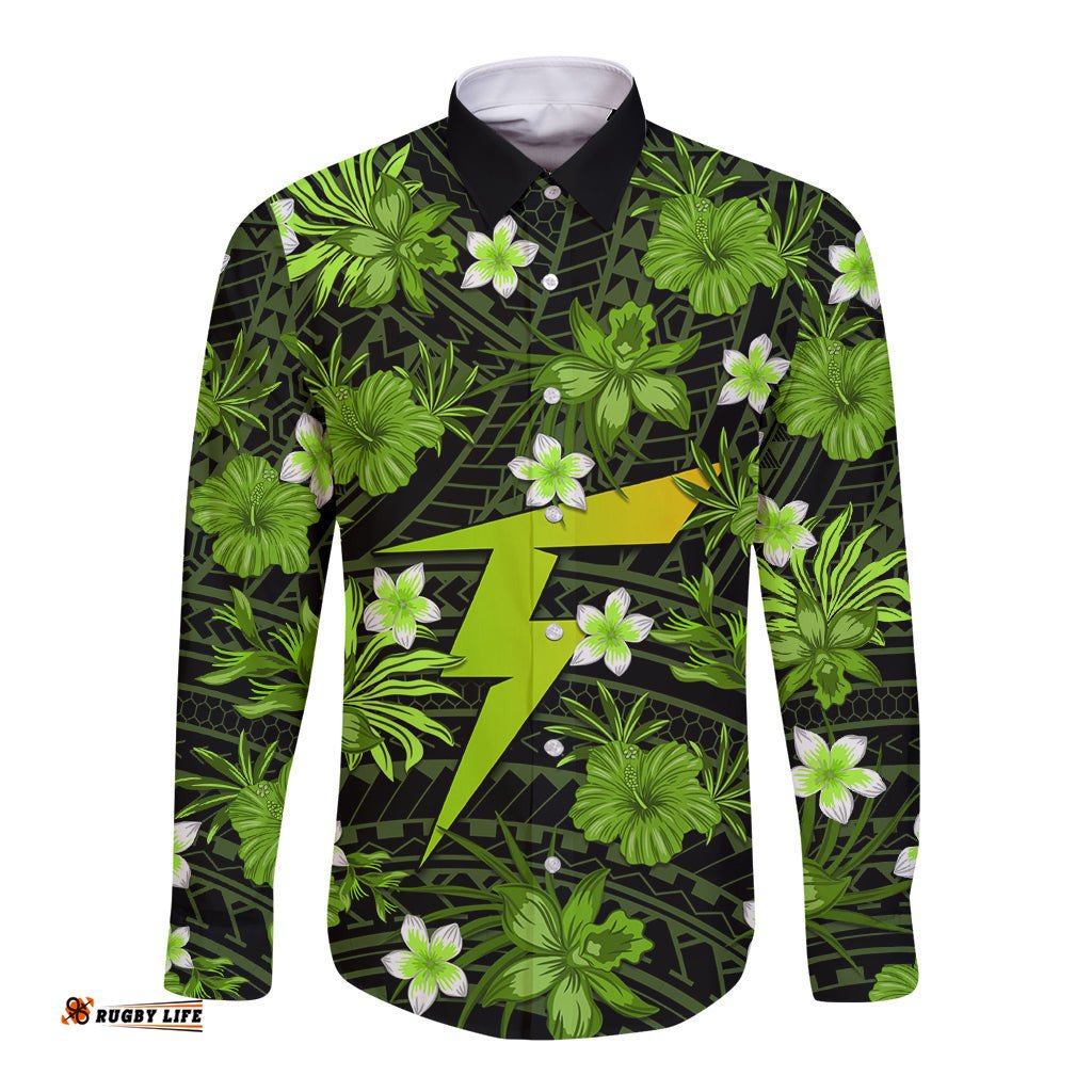 Australian Thunder Cricket Long Sleeve Button Shirt Baeuty Pacific Hibiscus and Polynesian Pattern